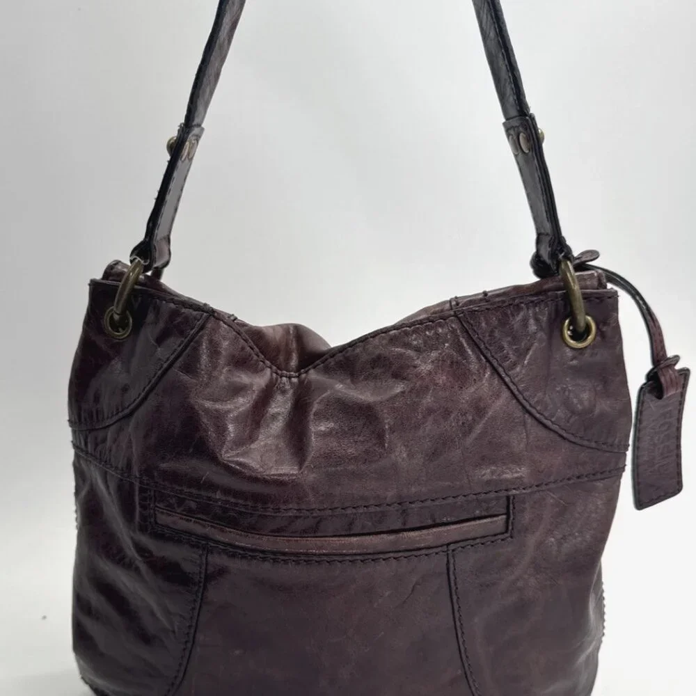 Vintage FOSSIL Leather Shoulder Messenger Bag Dark Plum Large Purse Y2K Hobnail
